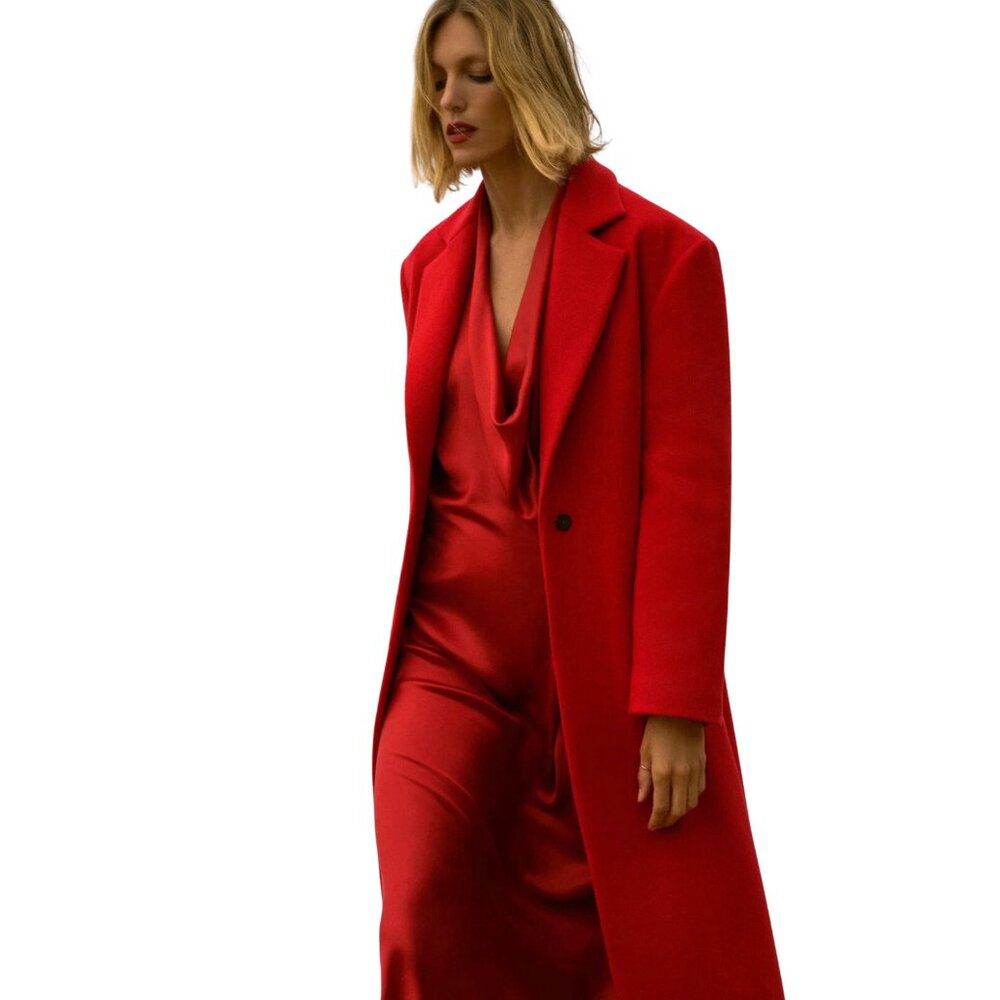 ZARA Red Wool Blend Single-Button Long Winter Coat | Size M